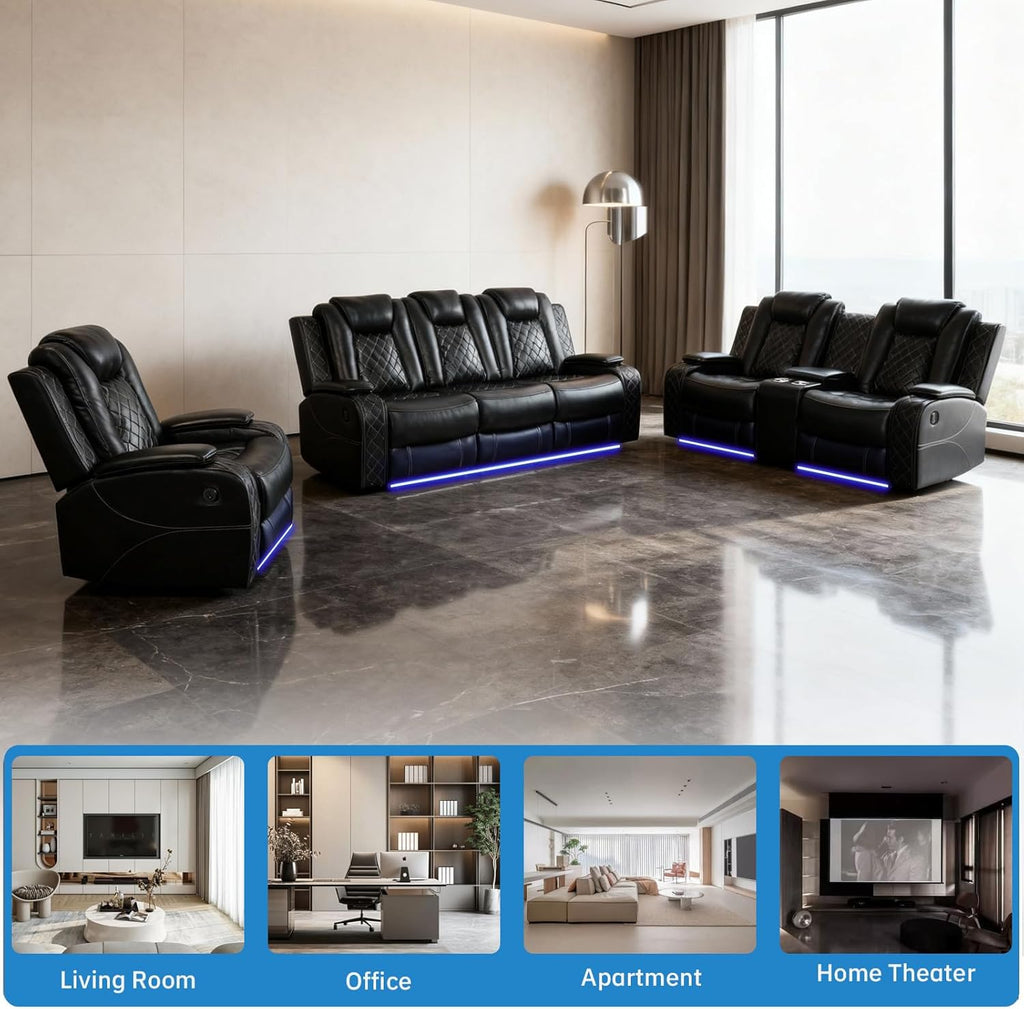 Living Room Furniture Sets, Power Recliner Sectional Sofa with LED Lights, Leather Couch Set, Reclining Loveseat for Living Room, Home Theater,and Office (2-Seater Loveseat, Black)