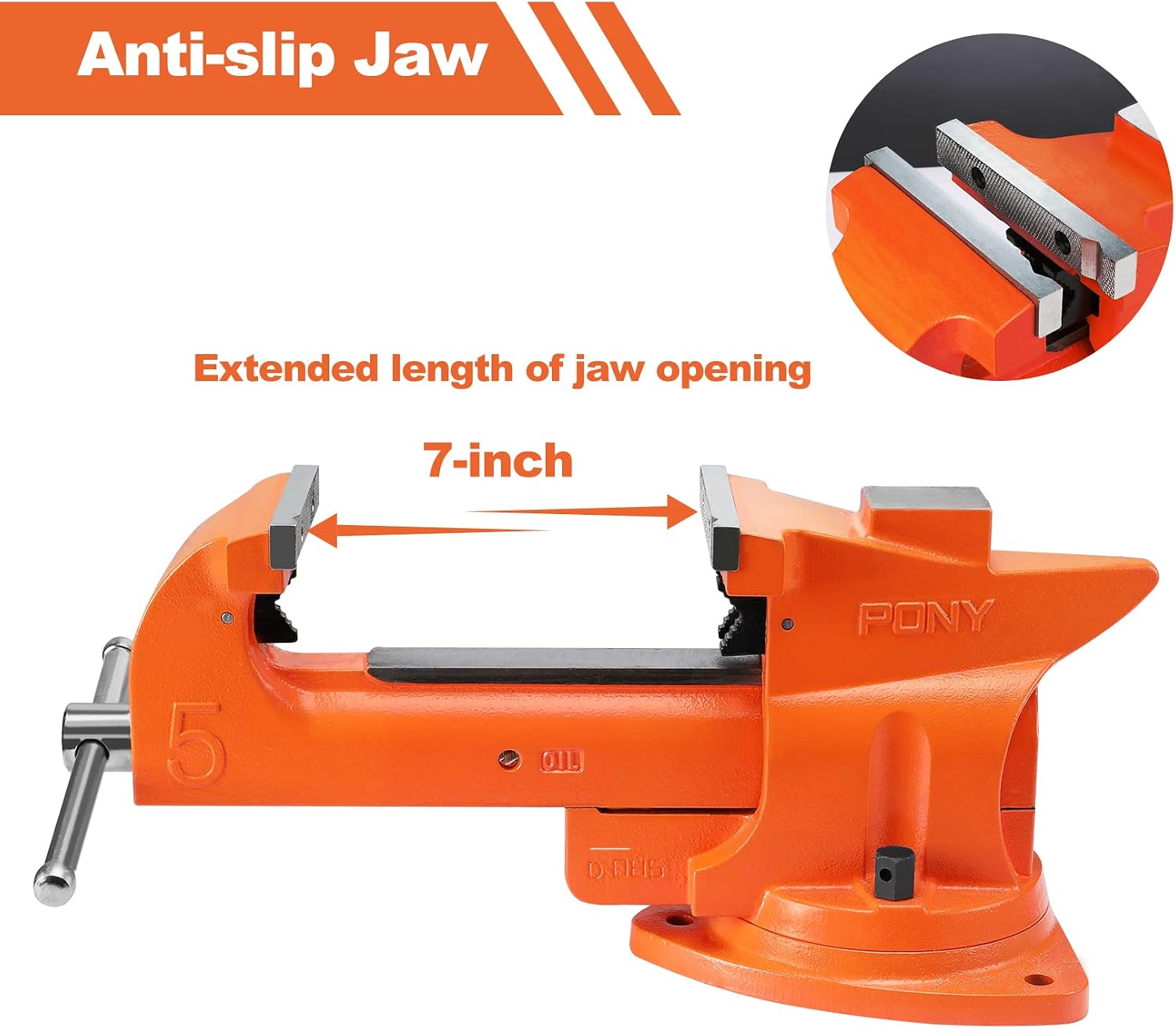 PONY Heavy Duty Bench Vise, 5-inch Jaw Width 7-inch Jaw Opening, 360-Degree Swivel Base with Anvil, Utility Combination Pipe Home Vise for Woodworking, One-Pair Vise Jaw Pad Included