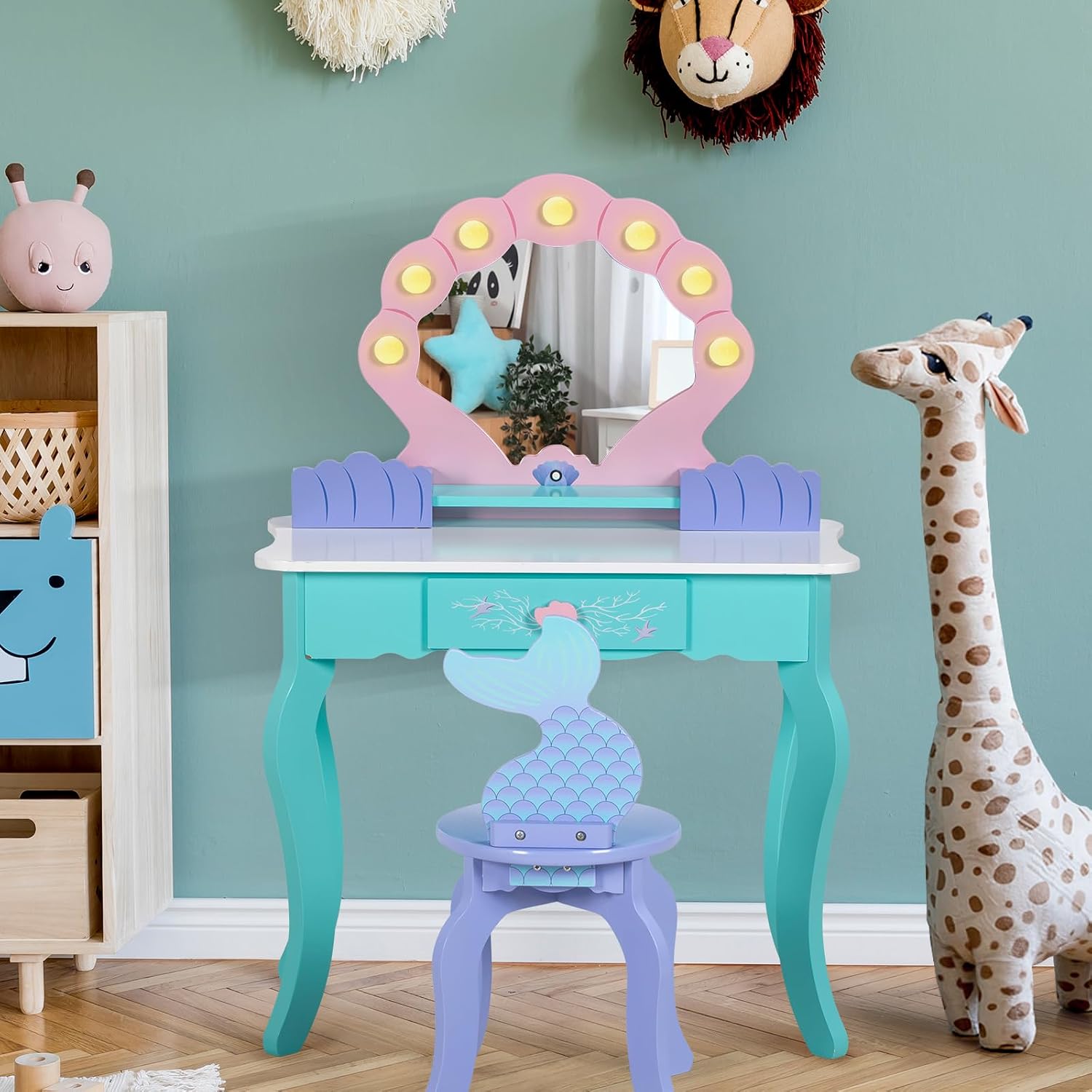 BRINJOY Kids Vanity with Lights, Wooden Princess Vanity for Girls, 2 in 1 Ocean Theme Toddler Dressing Table and Chair Set, Little Girl Makeup Vanity with Mirror for Children Birthday