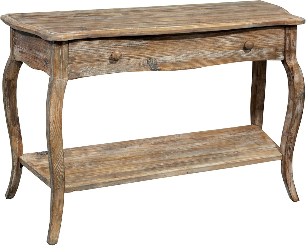 Austerity Rustic Console Table, 42 Inch with Curved Legs, Scalloped Edges, and Lower Shelf in Driftwood Finish - Natural and White Textured Antique Look Home Décor by Alaterre Furniture