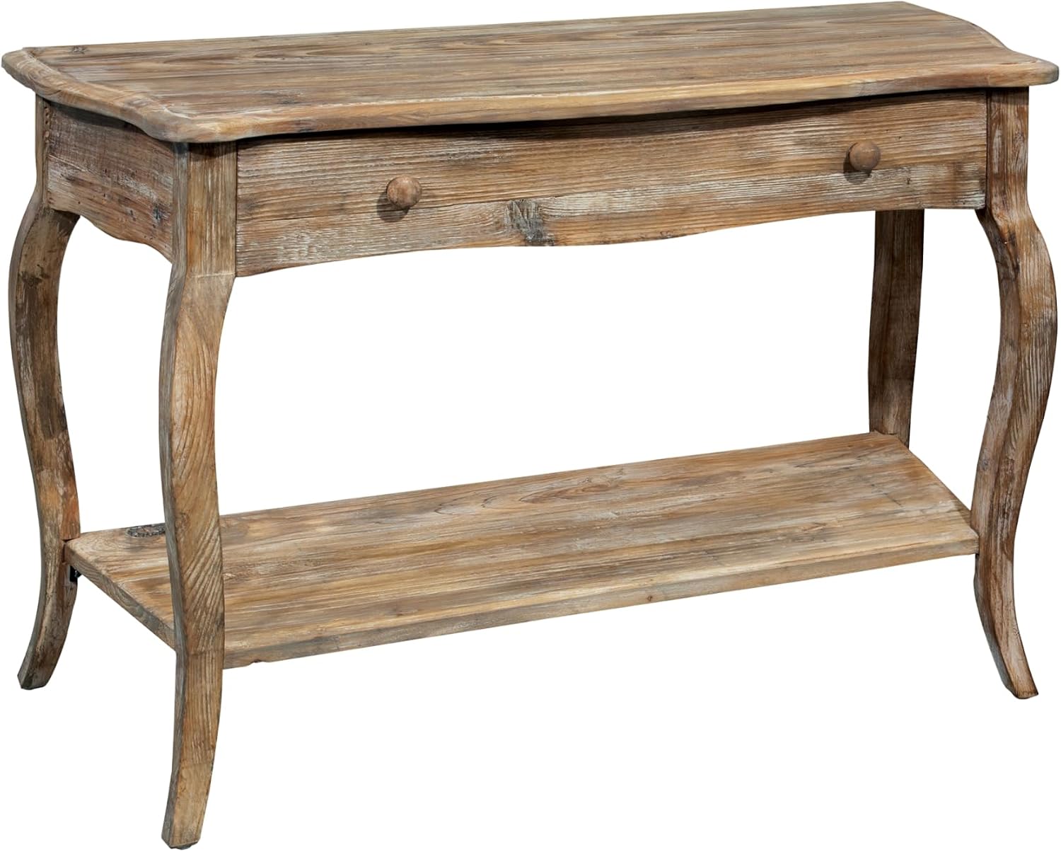 Austerity Rustic Console Table, 42 Inch with Curved Legs, Scalloped Edges, and Lower Shelf in Driftwood Finish - Natural and White Textured Antique Look Home Décor by Alaterre Furniture