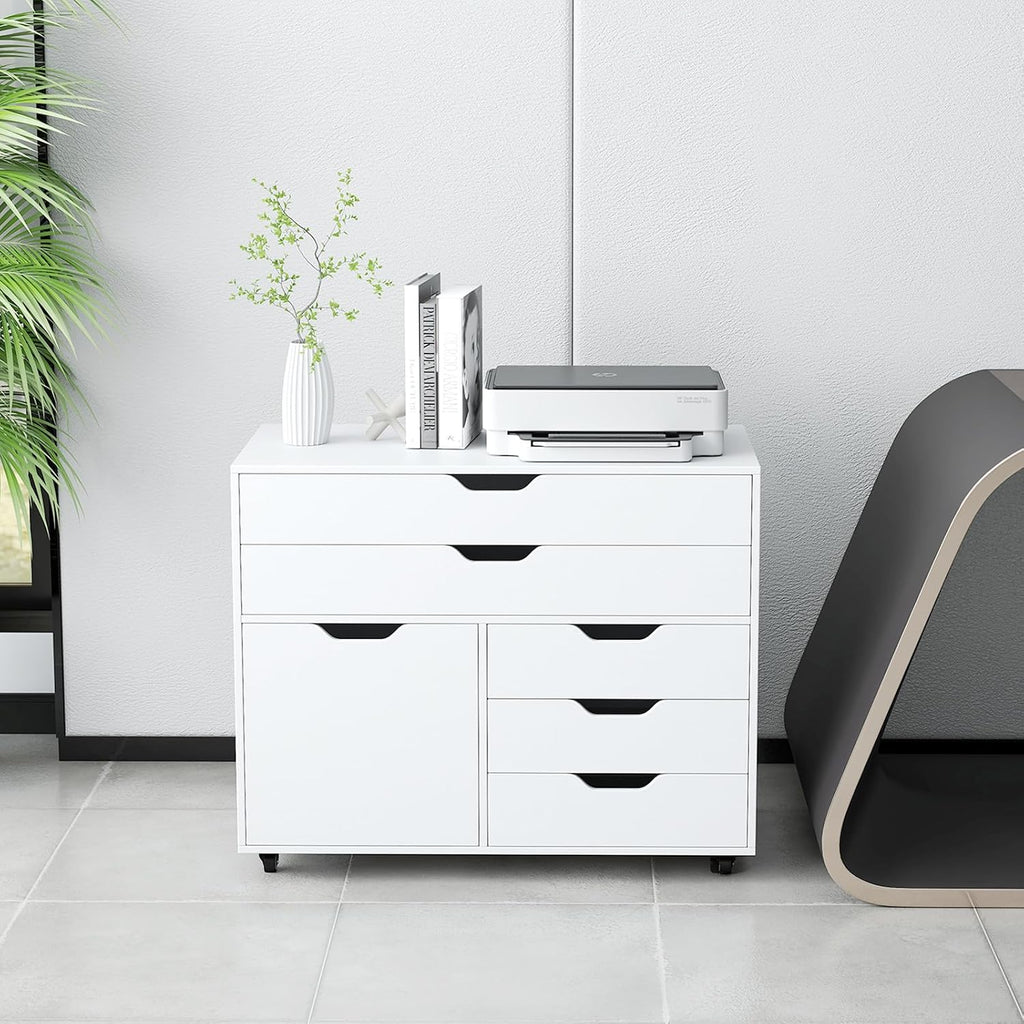 MAT EXPERT 5-Drawer Mobile File Cabinet w/Door, Lateral Filing Cabinet w/5 Universal Wheels, Rolling File Cabinets with Storage, Modern Wood Printer Stand for Home Office, Living Room, Study (White)