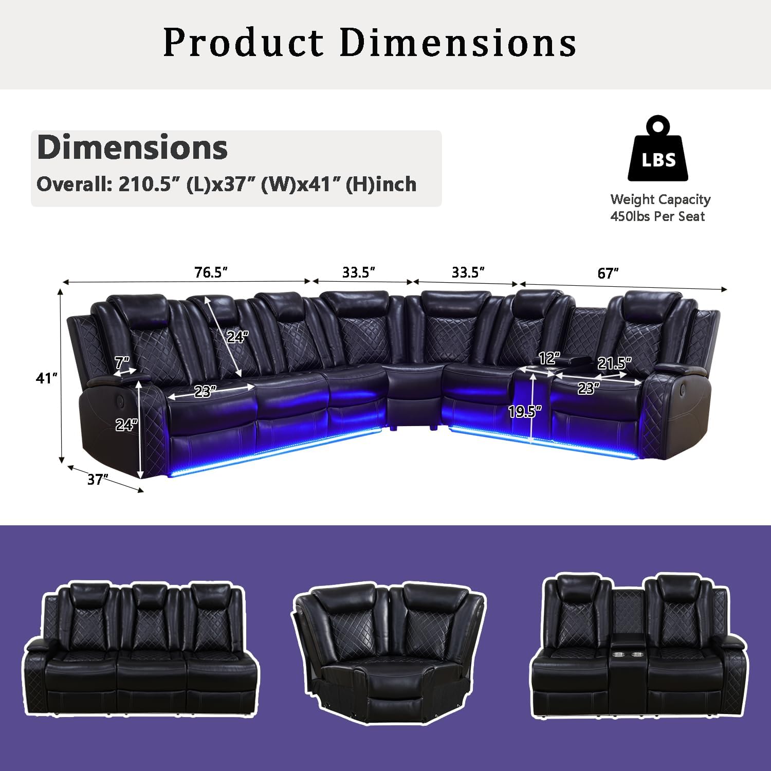 A Ainehome Power Recliner Set, Leather Sectional Sofa Set for Living Room, Home Theater, with LED Lights, Cup Holder, Hide-Away Storage, Wireless Charging(A-Black)