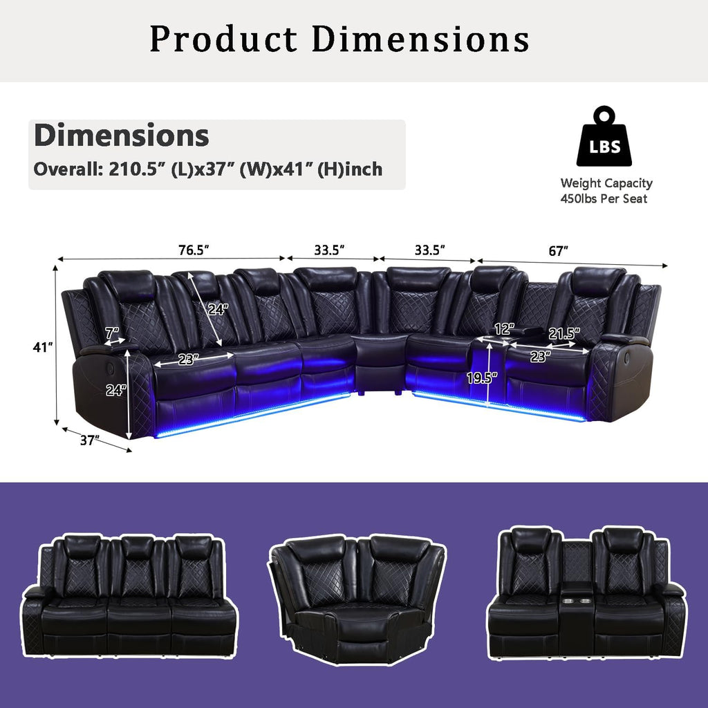 A Ainehome Power Furniture Reclining Sectional Sofa Set, Living Room Power Recliner Adjustable Sofa, Loveseat and Chair with USB Chargers/Storage Console for Living Room/Office(A-Black)