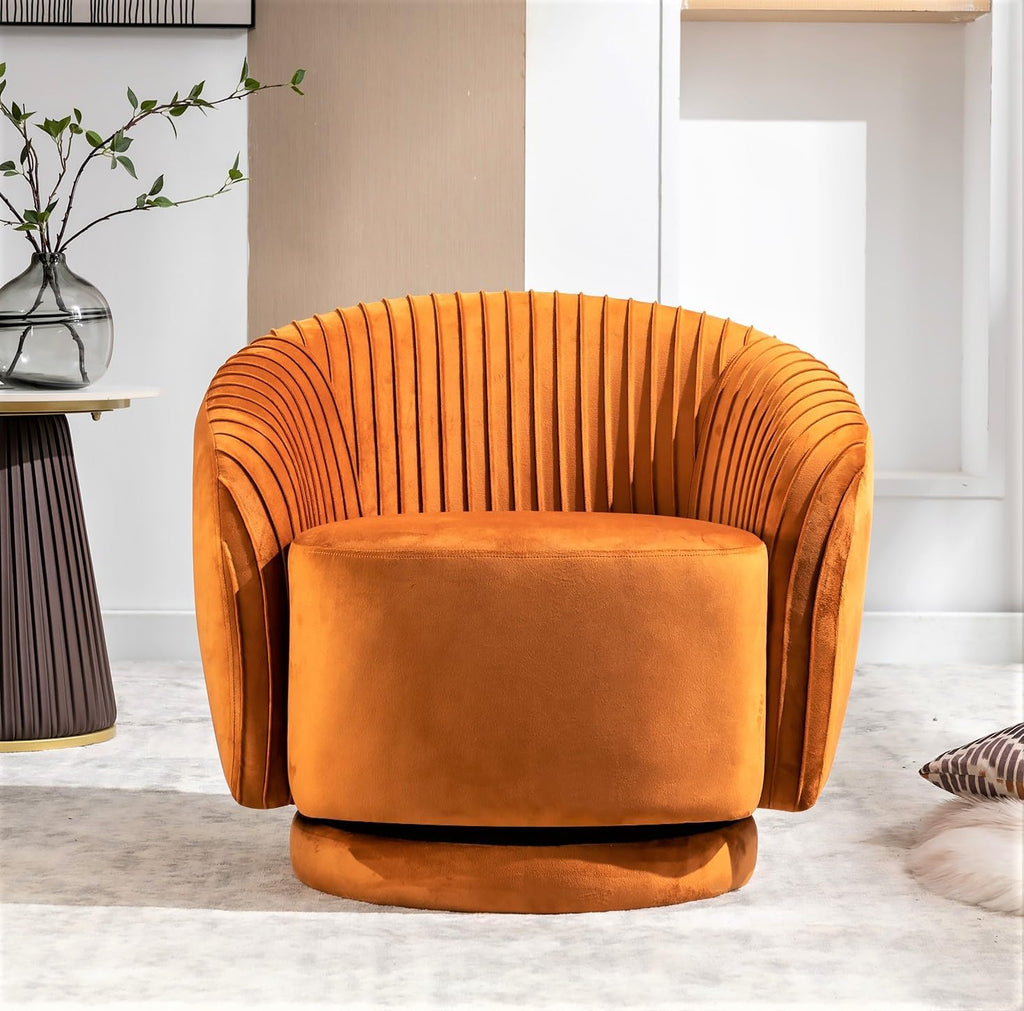 Container Furniture Direct Modern Barrel Swivel Chair with Plush Velvet Upholstery and Smooth 360° Rotation, Round Accent One-Seater Sofa for Living Room, Bedroom, and Office, Red Orange