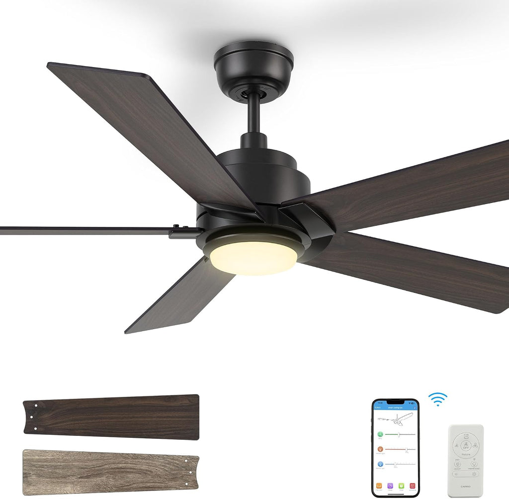 SMAAIR 56 Inch DC Ceiling Fans with Lights and Remote Control, Modern Ceiling Fan Works with APP/Alexa/Google Assistant/Siri, 5 Reversible Plywood Blades, 10 Speed DC Motor, Walnut/Light Wood