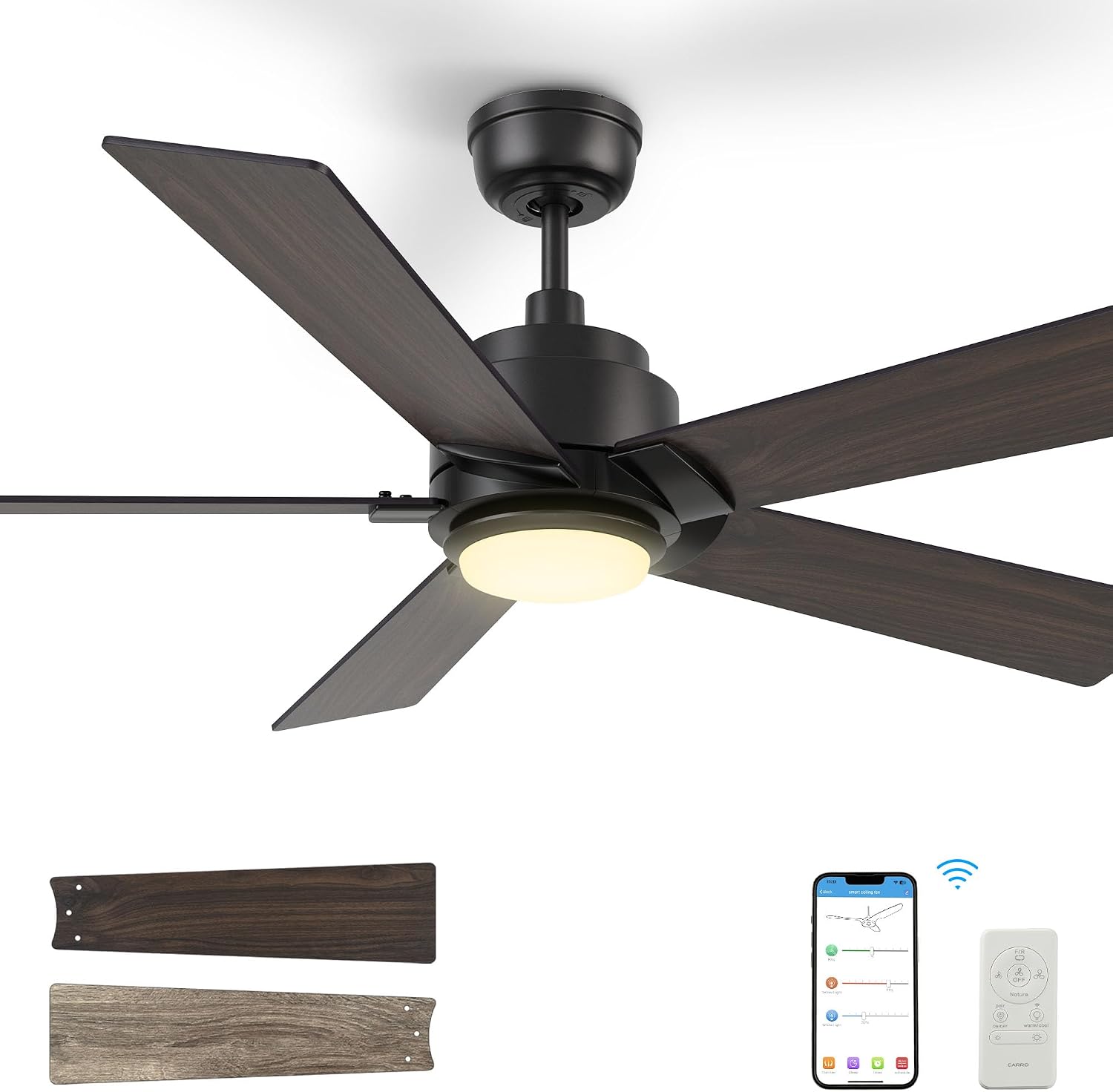 SMAAIR 56 Inch DC Ceiling Fans with Lights and Remote Control, Modern Ceiling Fan Works with APP/Alexa/Google Assistant/Siri, 5 Reversible Plywood Blades, 10 Speed DC Motor, Walnut/Light Wood