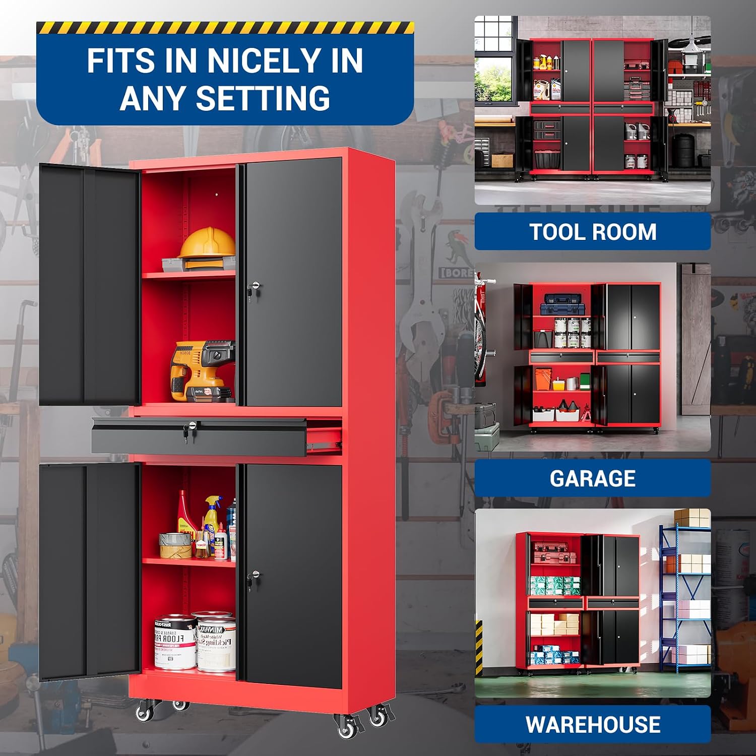 Fesbos 73' Metal Cabinet-Black & Red Heavy Duty Rolling Storage Cabinet Steel Tool Cabinets with Wheels, Shelves, Lockable Doors and Drawers- for Garage, Warehouse Home Office- Assembly Required