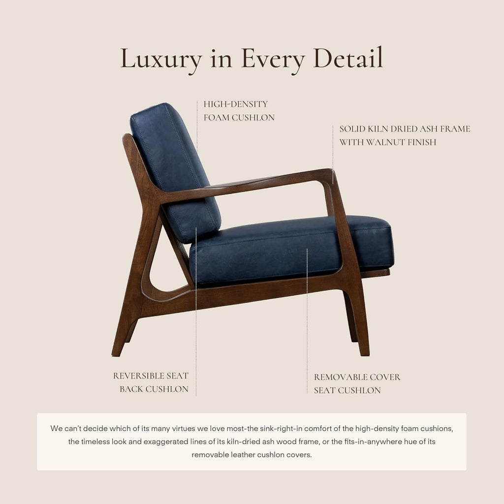 Poly & BARK Verity Leather Accent Chair – Armchair with Walnut Wood Frame – Fashion-Forward Lounge Seating for Living Room – Upholstered in Midnight Blue Leather for Modern Style