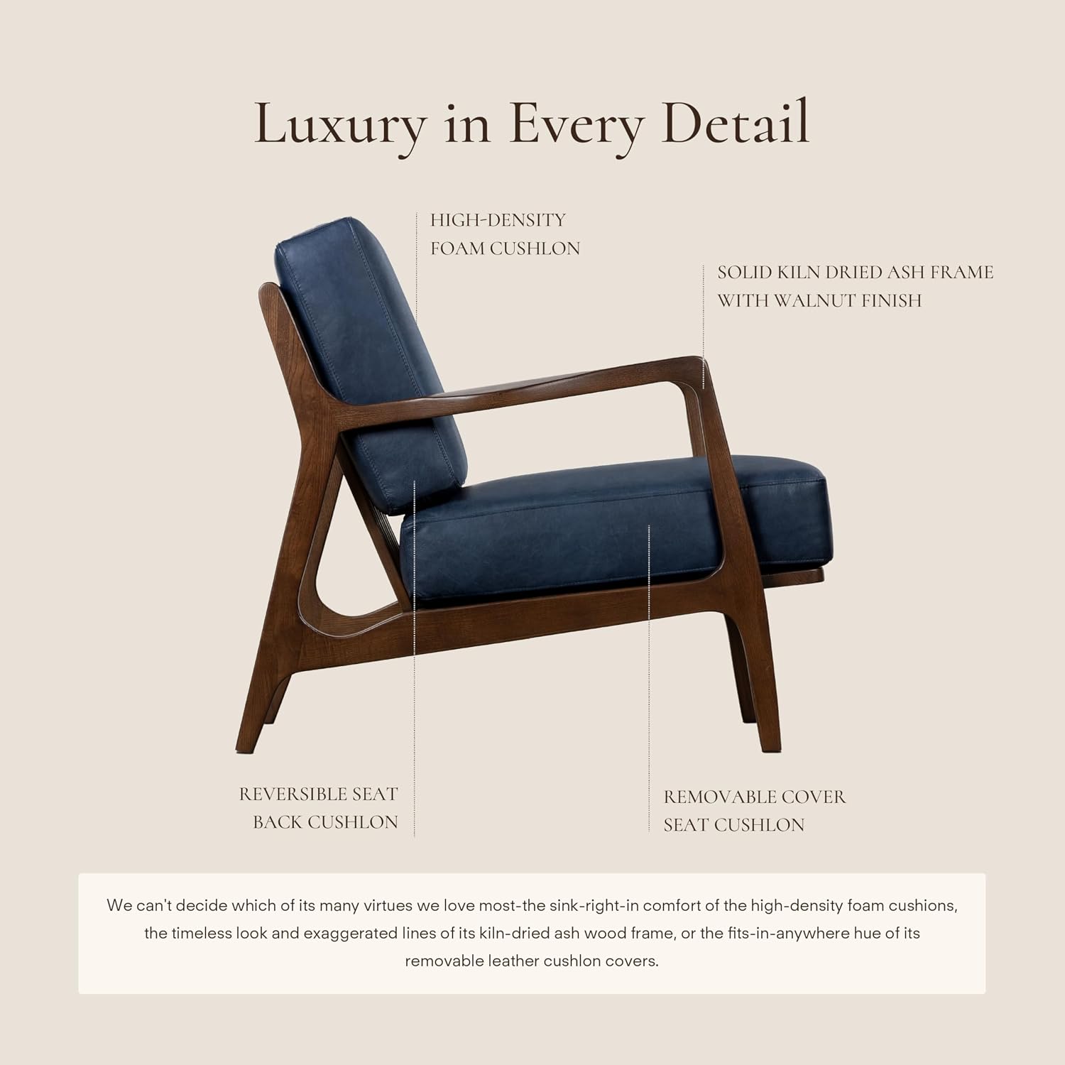 Poly & BARK Verity Leather Accent Chair – Armchair with Walnut Wood Frame – Fashion-Forward Lounge Seating for Living Room – Upholstered in Midnight Blue Leather for Modern Style