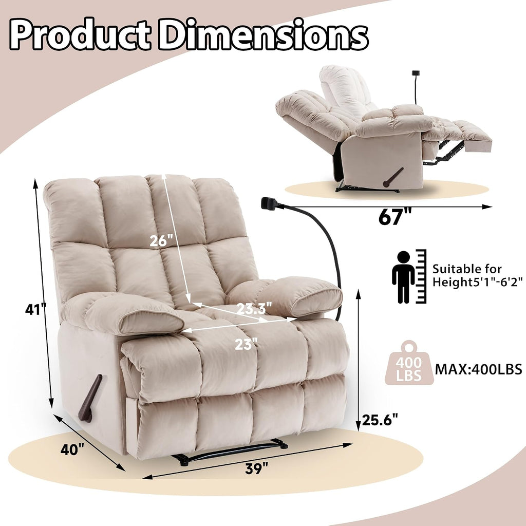 Manual Adjustable Oversized Recliner Chair with Phone Holder, Extra Large Recliner for Heavy Duty Adults 400lbs, Big Man Recliners for Living Room, Nursery, RV