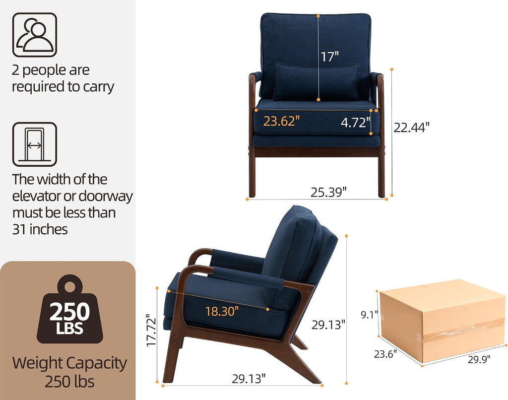 Mid Century Modern Chair Set of 2, Upholstered Lounge Arm Chair with Solid Wood Frame, Comfy Accent Chair for Living Room, Bedroom, Reading, Reception, Blue