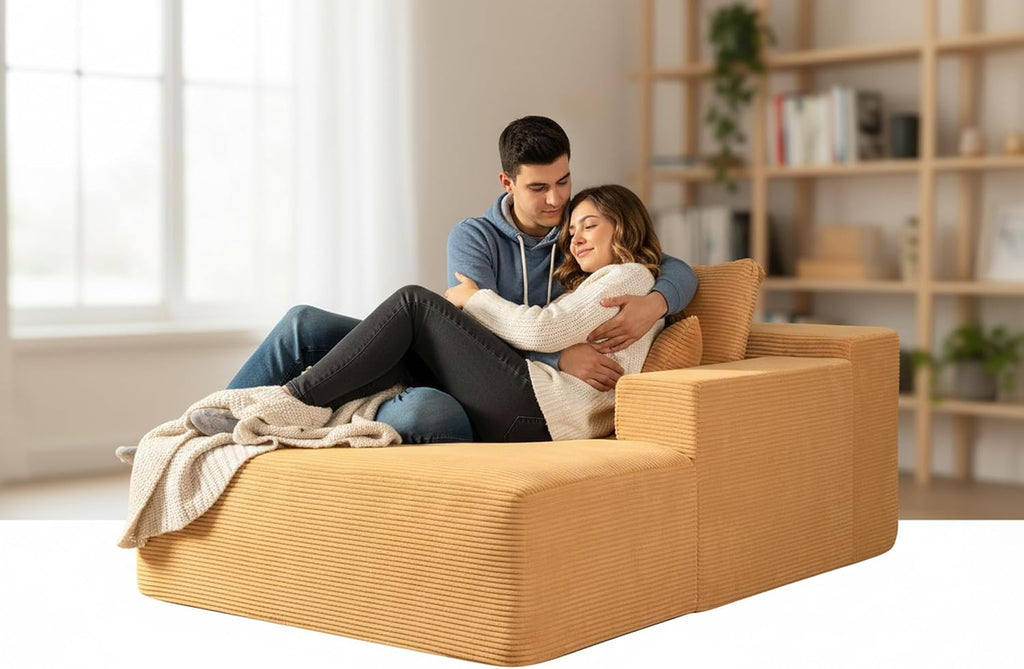 Container Furniture Direct Dawson Convertible Chaise Lounge Chair Indoor – Oversized Corduroy Couch with Wide Armrest & Throw Pillows, Cozy Boneless Sleeper Sofa Bed Armchair, Ginger Yellow