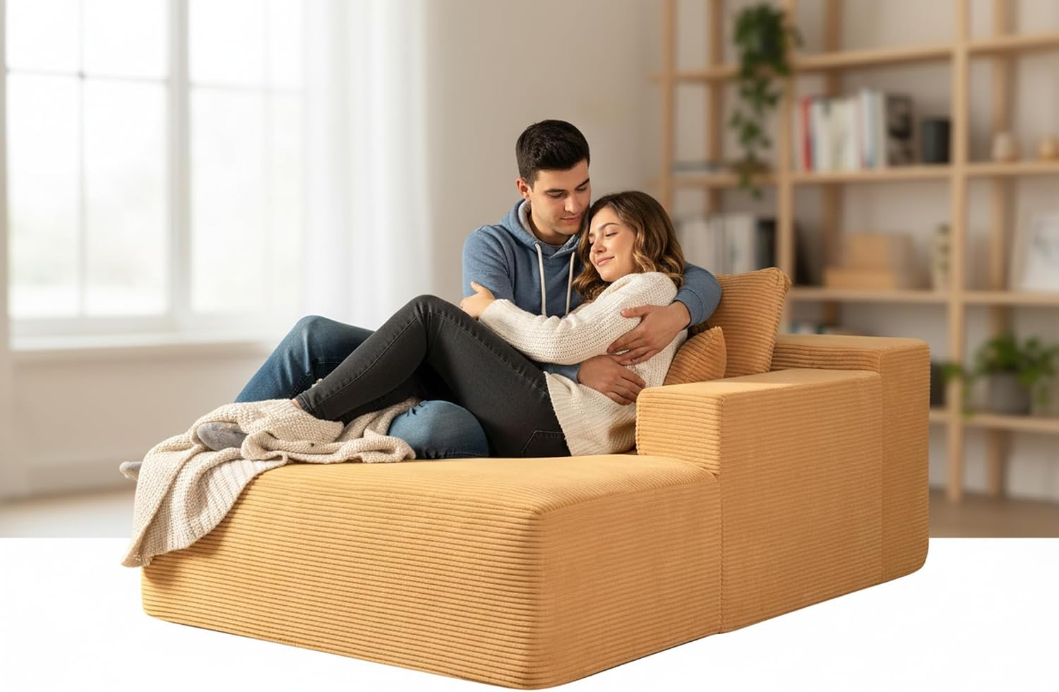 Container Furniture Direct Dawson Convertible Chaise Lounge Chair Indoor – Oversized Corduroy Couch with Wide Armrest & Throw Pillows, Cozy Boneless Sleeper Sofa Bed Armchair, Ginger Yellow