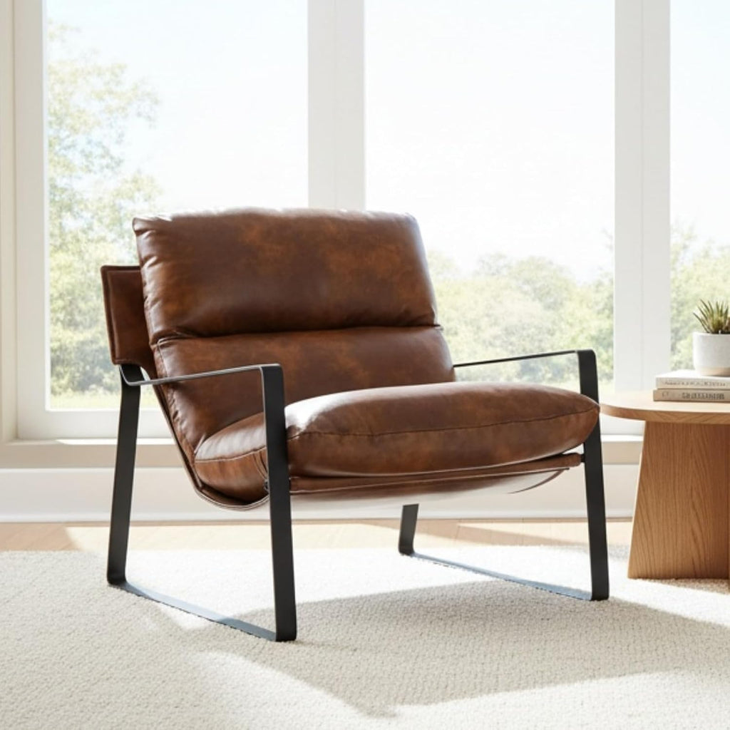 Ya-Home Mid-Century Accent Chair, Comfy PU Leather Side Chair with Armrest, Upholstered Leisure Chair with Black Metal Frame for Living Room Bedroom Reception Room, Brown