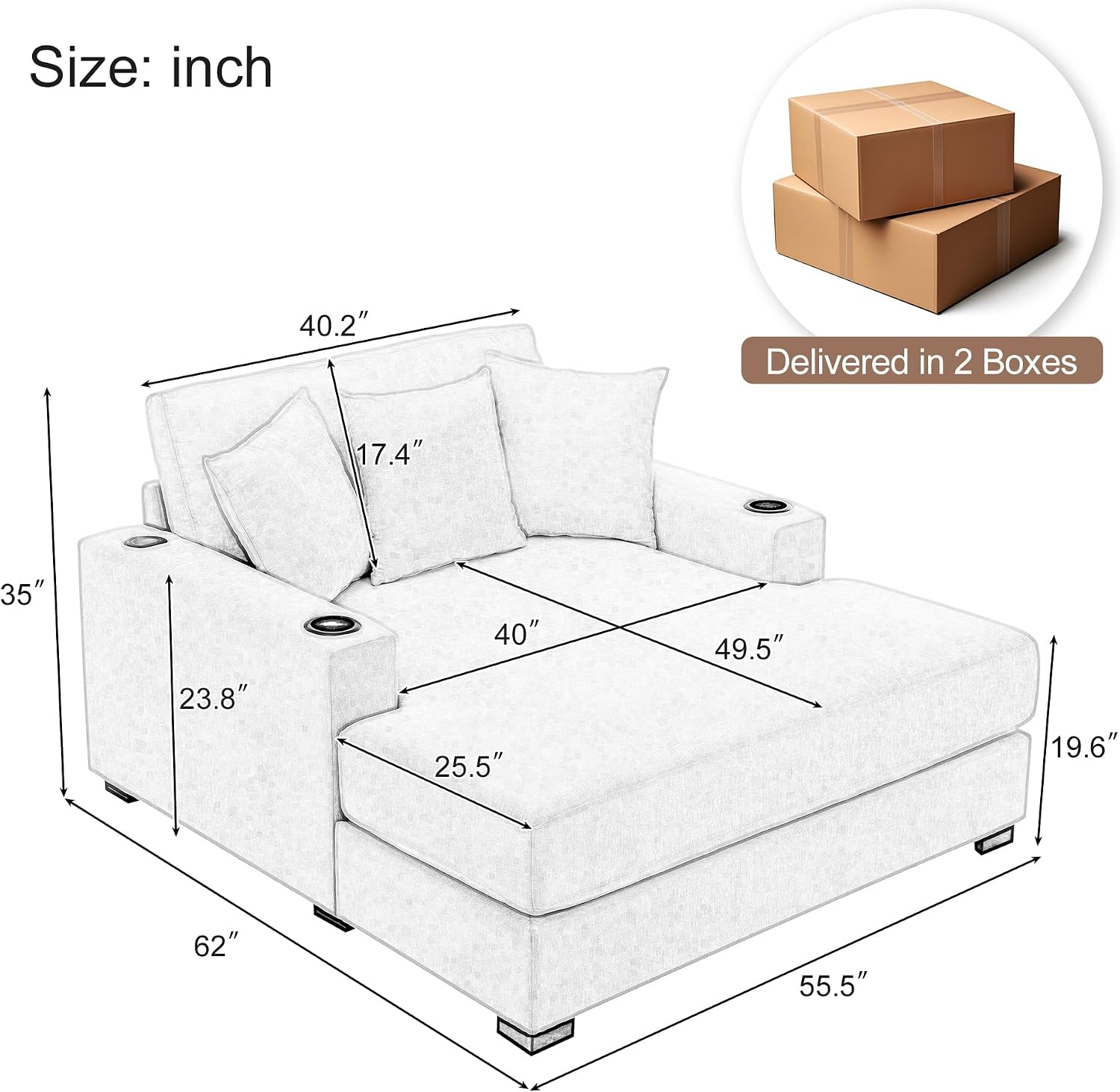 Merax Modern 55' Chaise Lounge with Pillow, Charge Station & Cup Holders,Upholstered Sofa Recliner Chair for Living Room Bedroom Cream