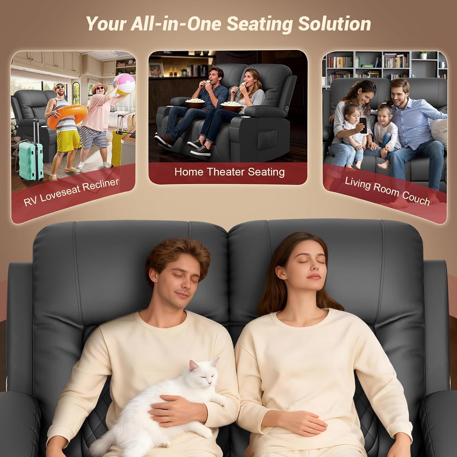 FURNIMAT 2026 Fabric Loveseat Recliner Sofa, 2 Seater Reclining Loveseat Sofa, RV Loveseat Couch, Modern Recliner Chair for Living Room, with Cup Holder and 2 Cell Phone Holders, USB Ports, Black