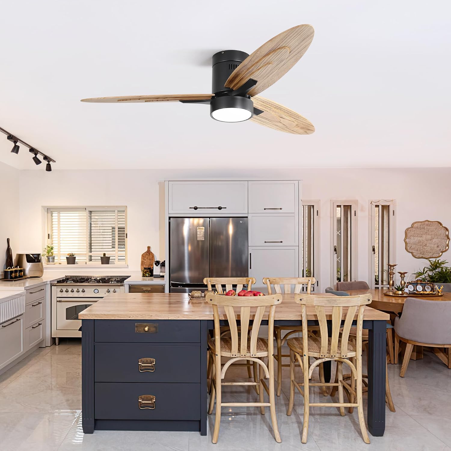 56 Inch Flush Mount Ceiling Fan with Light and Remote Control, 3 Solid Wood Blades Reversible DC Motor Black for Living Room