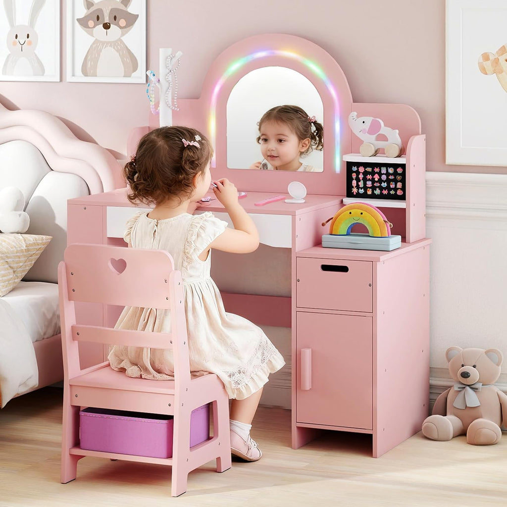 INFANS Kids Vanity with Lights, Princess Makeup Desk with Mirror, Jewelry Hanger, Fabric Drawers, Toddler Table and Chair Set Pretend Play for Girls