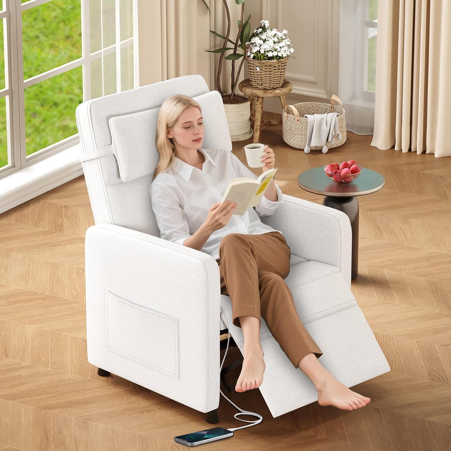 Towallmark Power Recliner Chair with Electric Adjustable Back, USB Port & Side Pockets, Single Overstuffed Recliner Chair for Living Room, Bedroom, or Home Theater, Beige White