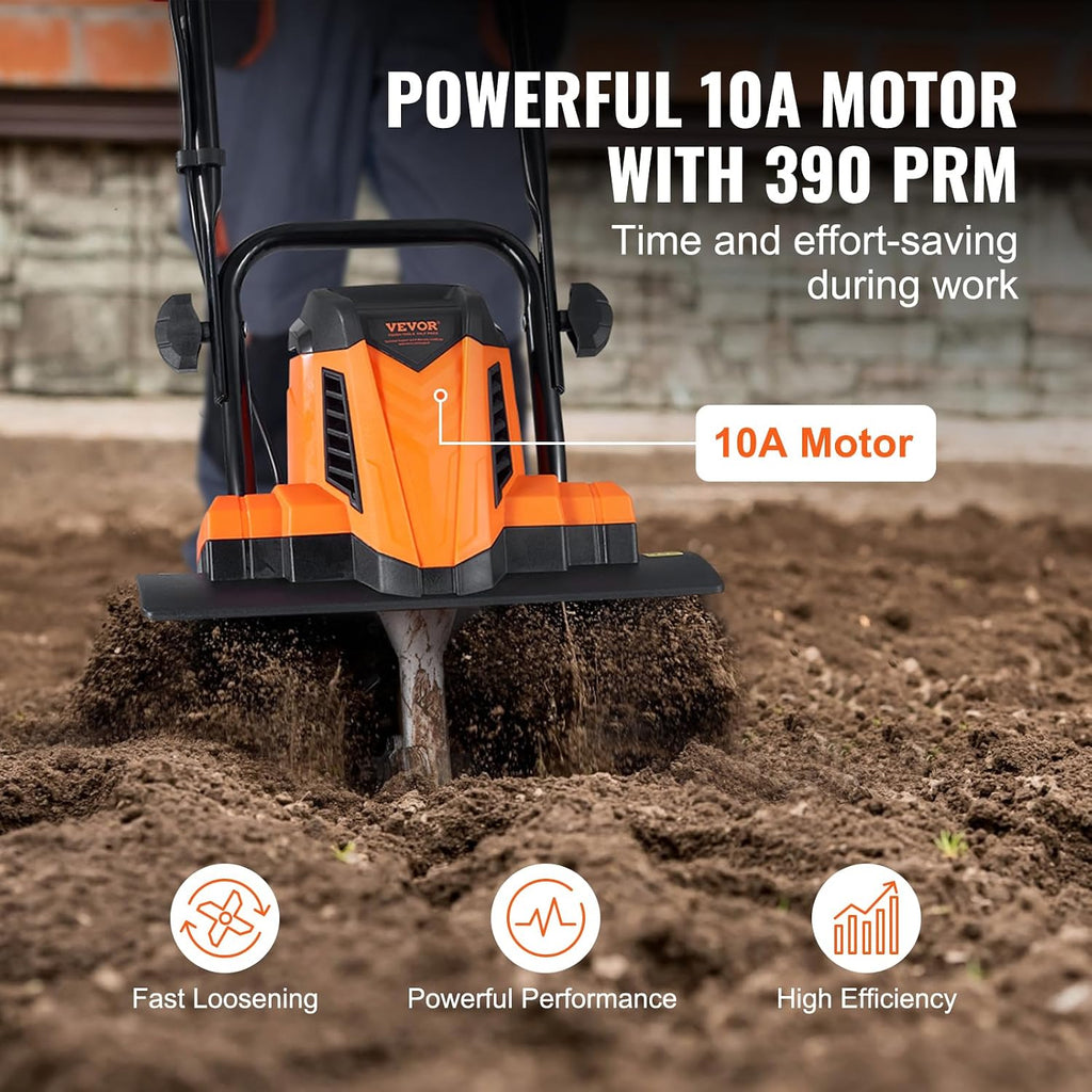 VEVOR 10 Amp Electric Tiller, 14' Tilling Width 3.94' Tilling Depth Corded Electric Tiller/Cultivator, Steel Mn Tines, Rototiller for Garden Lawn Soil Digging