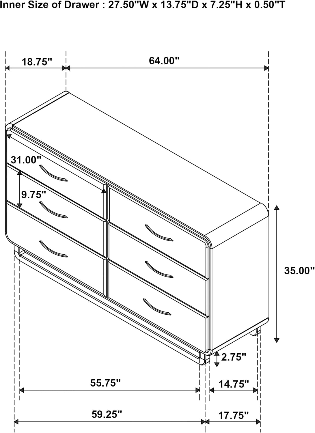 Coaster Home Furnishings - Amsbury - Wood - 6-Drawer Dresser with Metal Extension Glides, Matte Nickel Hardware, Rounded Corners and Transitional Style - Bedroom - Nutmeg - 224273