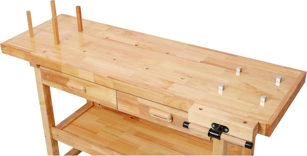 Montary 60' Professional Rubberwood Workbench with 2 Drawers & Open Shelf, Natural Finish Work Bench with Adjustable Handle for Garage, Woodworking Carpenter Workshop & Home Use
