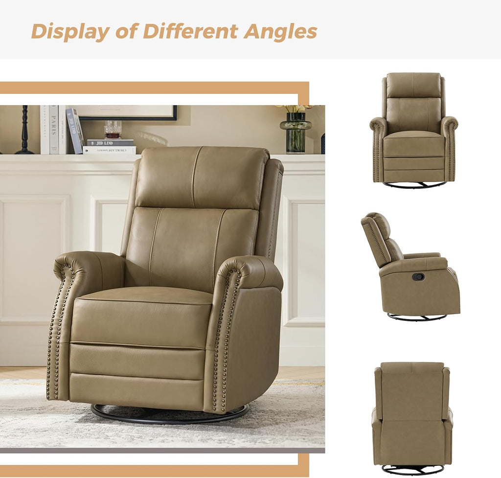 HULALA HOME Genuine Leather Swivel Rocker Recliner with Adjustable Backrest & Footrest, Manual Glider Recliner Chair with 360°Swivel Base, Home Theater Sofa Armchair for Living Room Bedroom, Taupe
