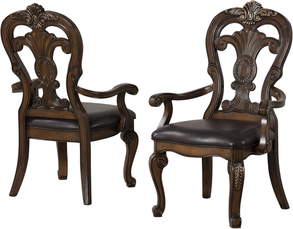 Furniture of America Anatole Traditional Arm Chairs Set of 2, Comfortable Upholstered Seating with Ornate Corbels, Gold Tip Crown Molding and Backrest for Dining Room and Living Room, Dark Brown