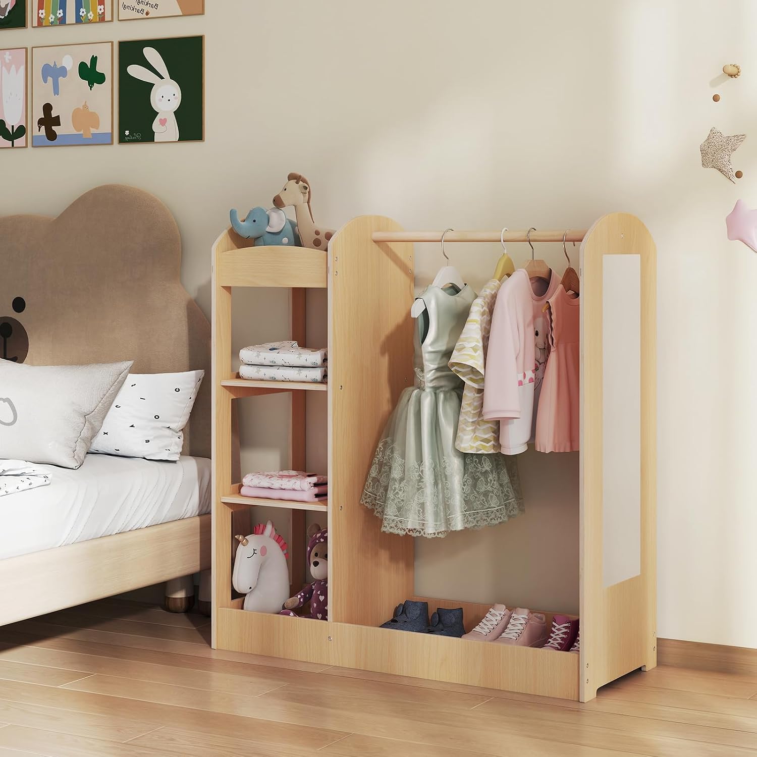 HONEY JOY Kids Dress up Storage with Mirror, Wooden Children Costume Wardrobe Closet, Open Hanging Toddler Armoire, Pretend Play Baby Dresser for Bedroom Playroom, Gift for 2+ Years Old (Natural)