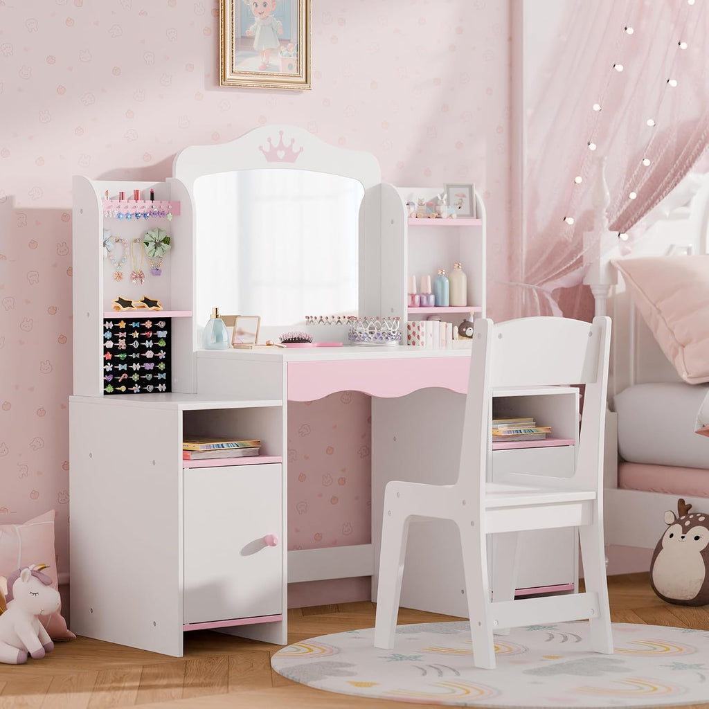 Kids Vanity, Girl Vanity Set with Storage Cabinet & Open Shelf, 2 in 1 Kids Vanity Table and Chair Set with Jewelry Storage, Princess Toddler Makeup Vanity with Mirror for Little Girls (White)