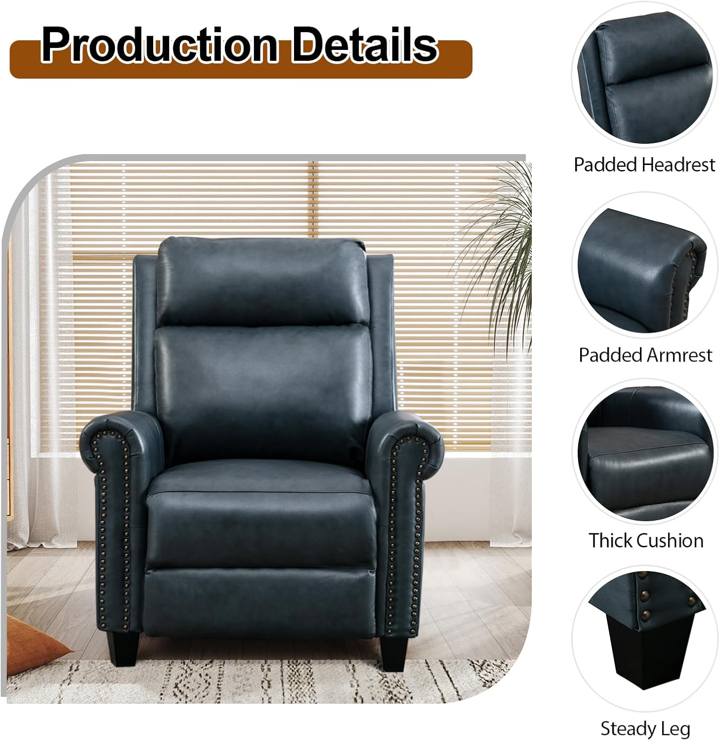 CANMOV Leather Recliner Chair, Classic and Traditional Push Back Recliner Chair with Comfortable Arms and Back for Living Room Bedroom Adjustable Single Sofa, Navy Blue