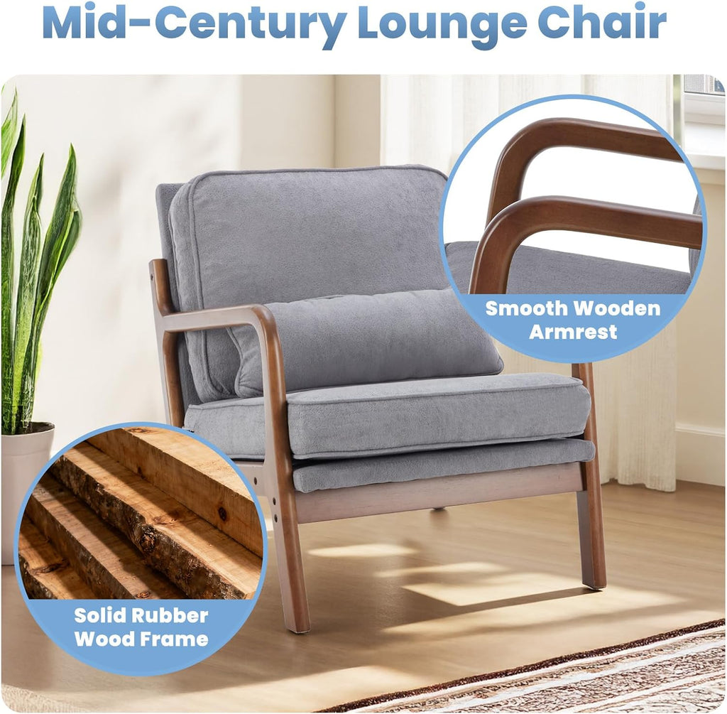 DUMOS Mid Century Modern Chair Set of 2, Accent Chair with Arms and Waist Cushion, Reading Chairs for Adults, Lounge Chair for Living Room and Bedroom, Solid Wooden Frame, Grey