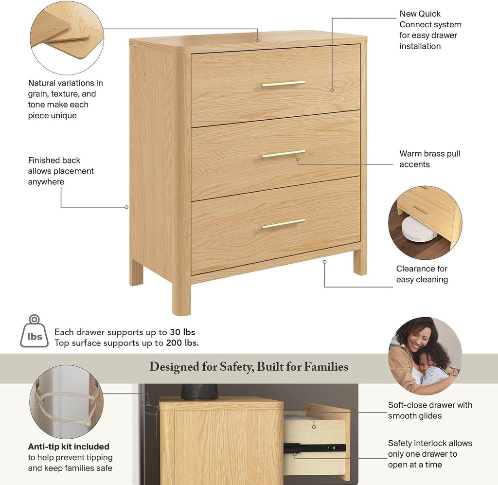 Bush Home Vera 3 Drawer Dresser, Bedroom Storage Furniture, Vera Collection, Natural White Oak