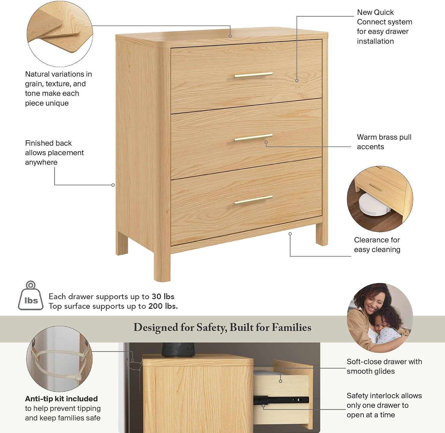 Bush Home Vera 3 Drawer Dresser, Bedroom Storage Furniture, Vera Collection, Natural White Oak