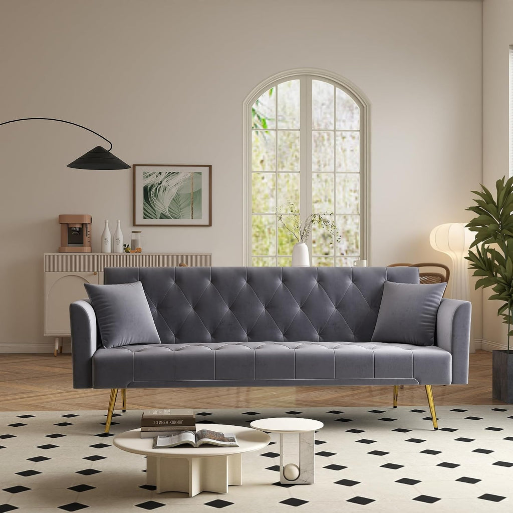 KEIKI 72' Futon Sofa Bed, 2-in-1 Loveseat, Velvet Upholstered Couches for Living Room, Sofa Sleeper for Small Space, Comfy Rest Folding Bed, Modern Apartment Essentials for Bedroom, Gray