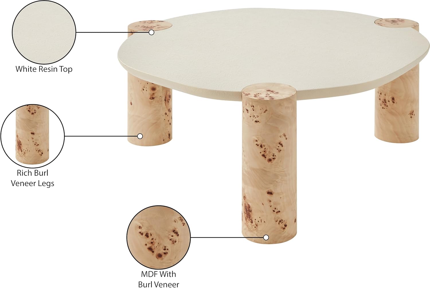 Meridian Furniture 99037-CT Thor Collection Modern | Contemporary Coffee Table with Rich Burl Veneer Legs, White Resin Top, 37.5' W x 37.5' D x 16' H