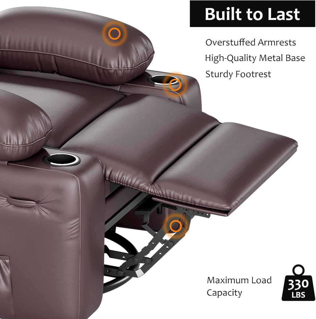 GarveeHome Leather Recliner Chair, Manual Recliner w/Comfortable Arms and Cup Holders for Living Room CF8011 - Brown, Medium