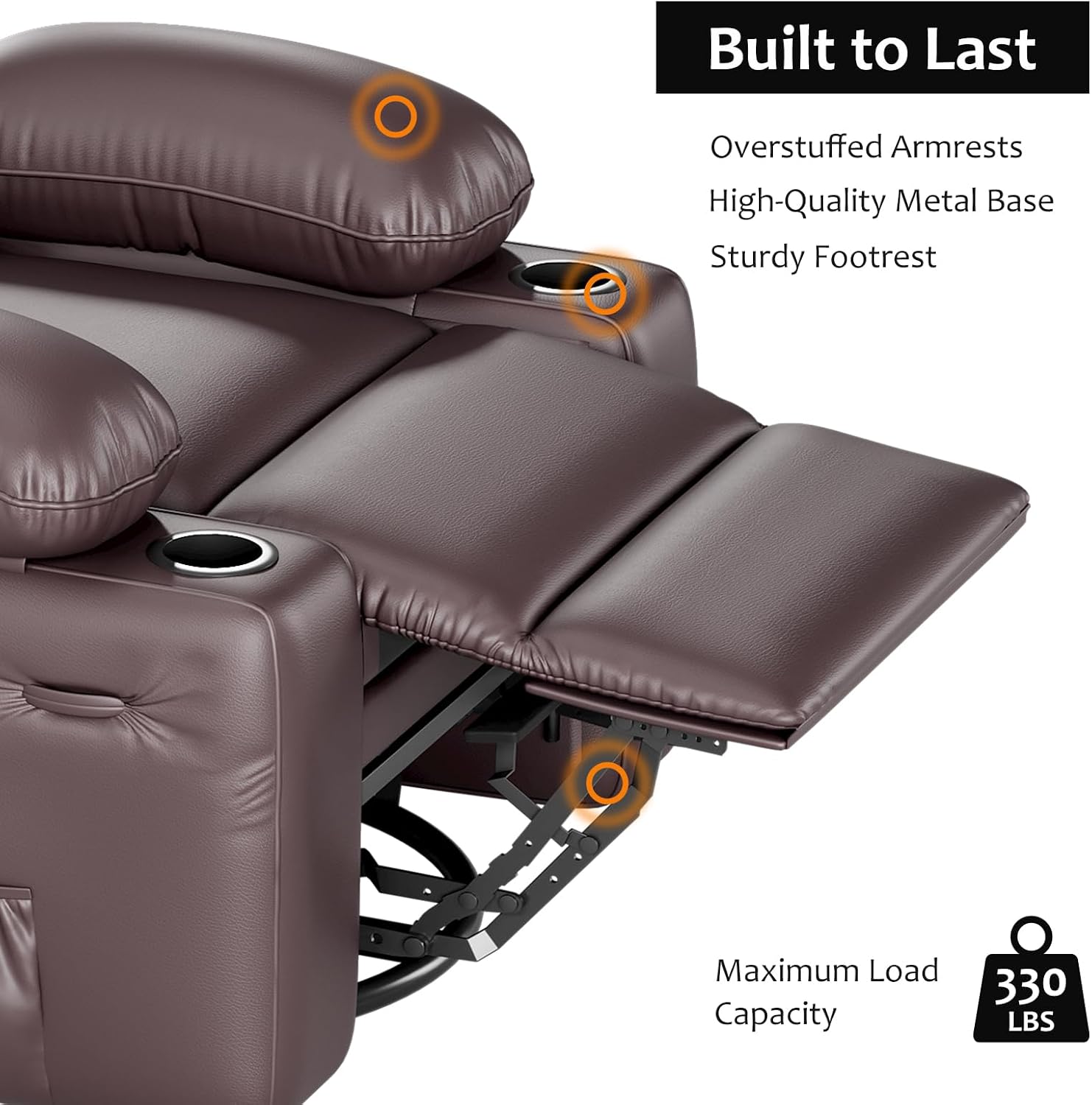 GarveeHome Leather Recliner Chair, Manual Recliner w/Comfortable Arms and Cup Holders for Living Room CF8011 - Brown, Medium
