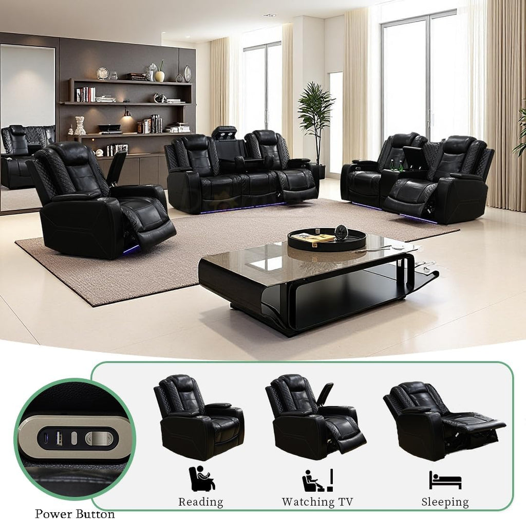 Power Recliner Sofa Set with Storage Armrest, Living Room Furniture Sets, Black Breathing Leather Reclining Sofa Couch with Drop-Down Table/Cup Holder/LED Light/USB Port for Living Room/Home