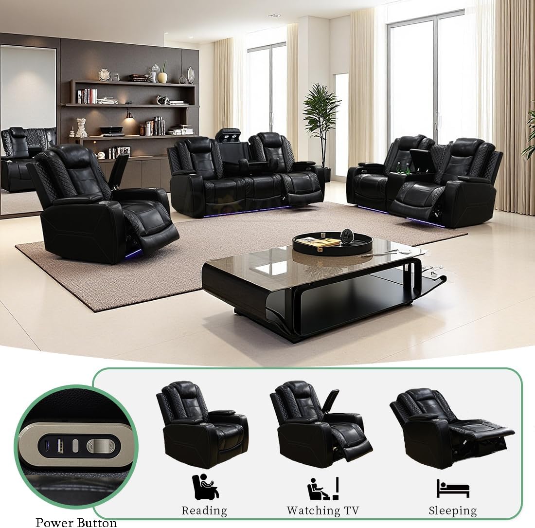 Power Recliner Sofa Set with Storage Armrest, Living Room Furniture Sets, Black Breathing Leather Reclining Sofa Couch with Drop-Down Table/Cup Holder/LED Light/USB Port for Living Room/Home