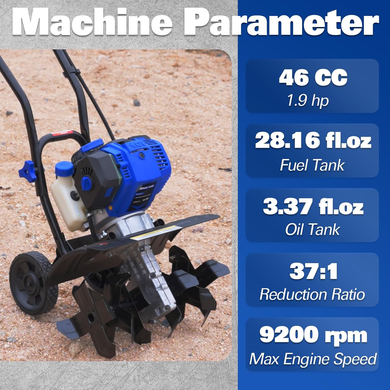 BILT HARD 46cc 4-Cycle 1.9HP Gas Powered Tiller Cultivator - 16' Heavy-Duty Steel Tines Rototiller, Adjustable Wheels & Cushioned Handle Grips for Plowing, Tilling, Weeding in Garden, Farm
