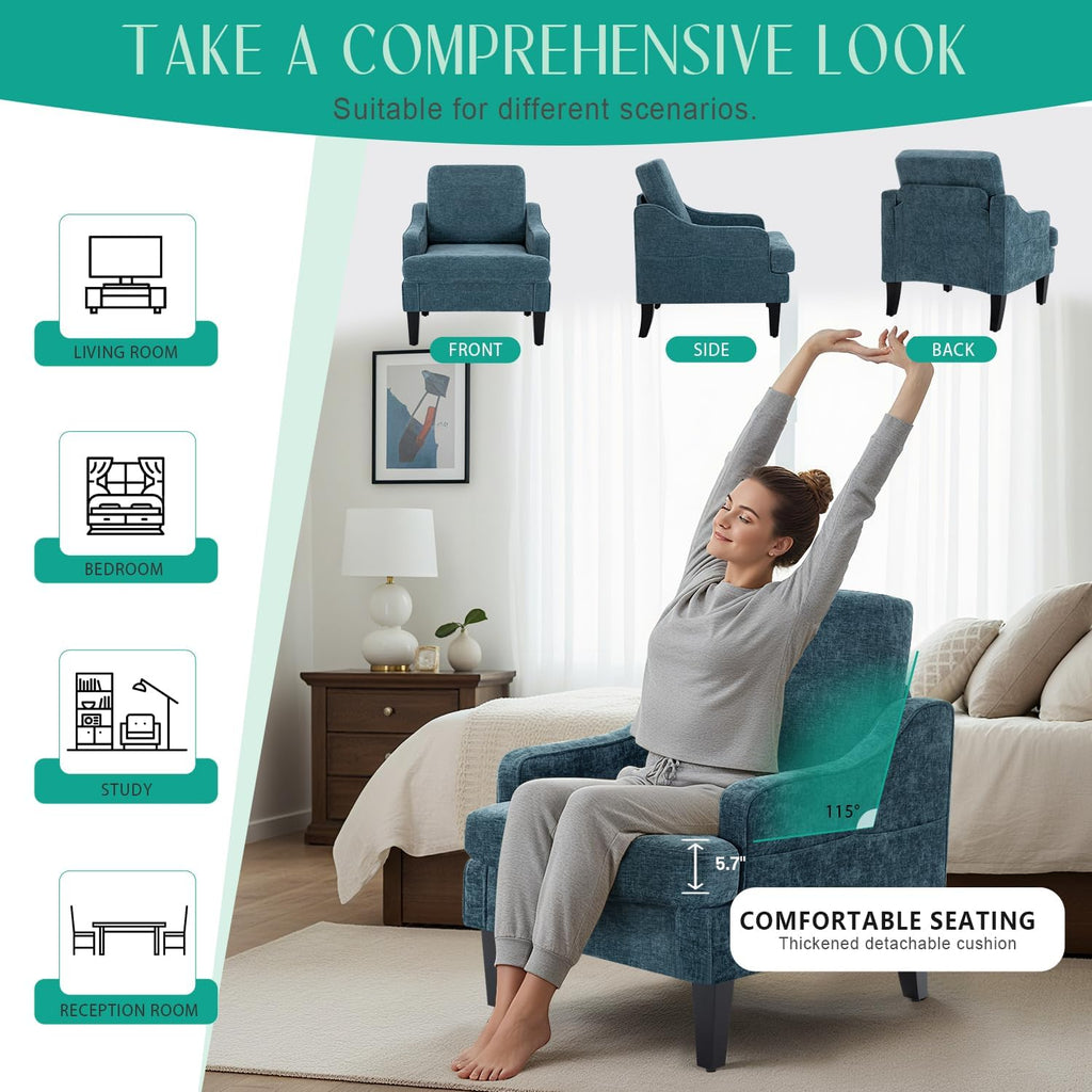Modern Accent Chairs Set of 2 Upholstered Reading Chair for Bedroom with Side Pockets Comfy Living Room Chairs Living Room Armchair for Office, Apartment (Blue Chenille)