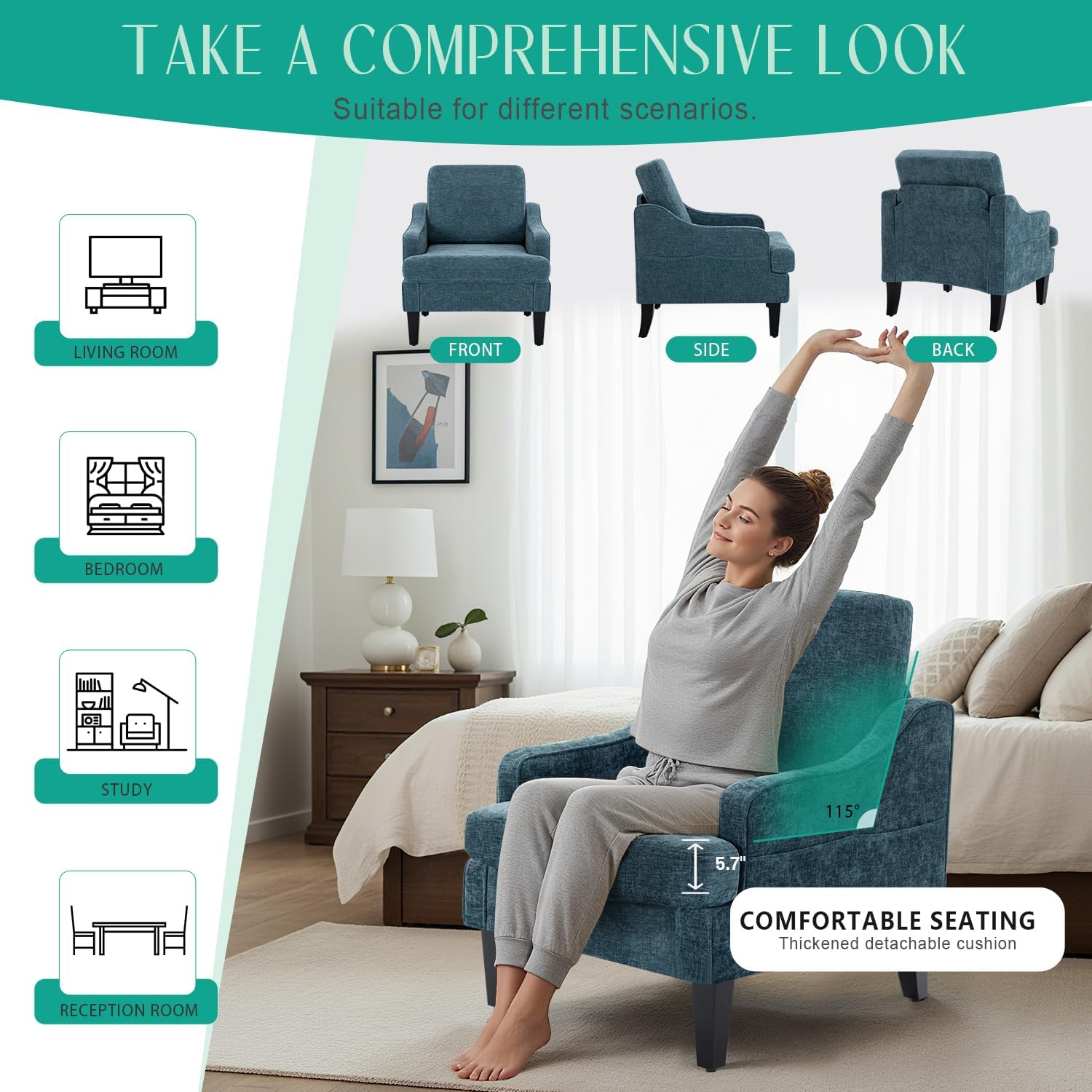 Modern Accent Chairs Set of 2 Upholstered Reading Chair for Bedroom with Side Pockets Comfy Living Room Chairs Living Room Armchair for Office, Apartment (Blue Chenille)