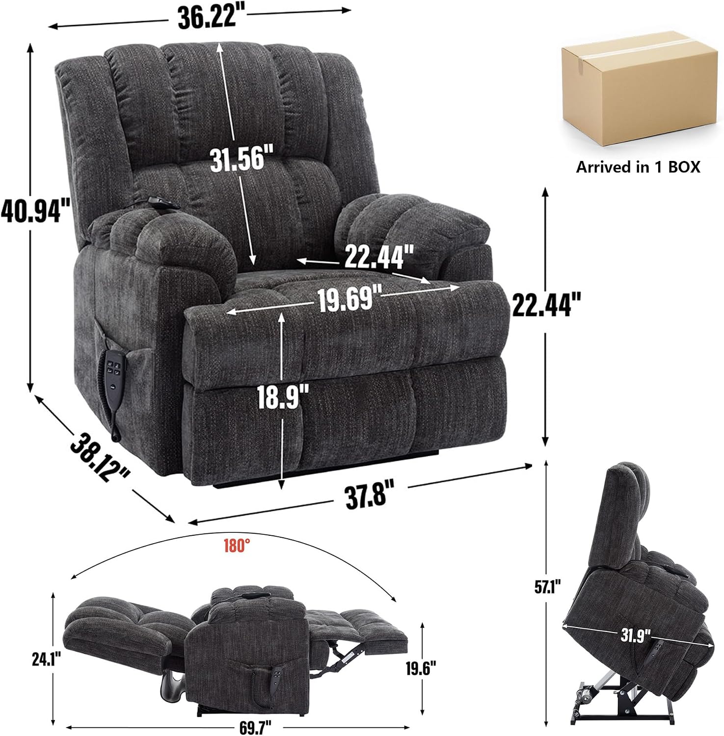 Power Lift Recliner Chair for Elderly, Oversized Chenille Electric Recliners Chairs for Living Room, Dual Motor 180° Lay Flat Recliner Big Sofa with Massage and Heating, Heavy-Duty, Grey