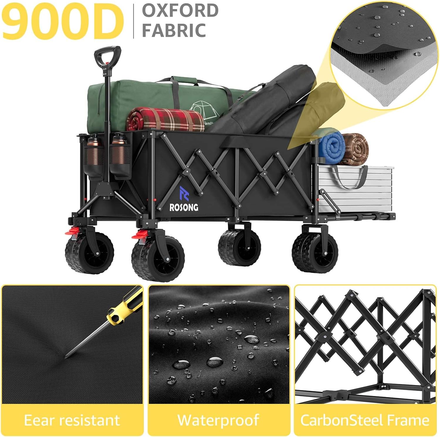 220L Folding Wagon with Detachable 14 Gallon Cooler Bag, Extra Large All-Terrain Heavy Duty Collapsible Beach Wagon Cart with Big Wheels, Foldable Utility Cart for Camping, Tailgate