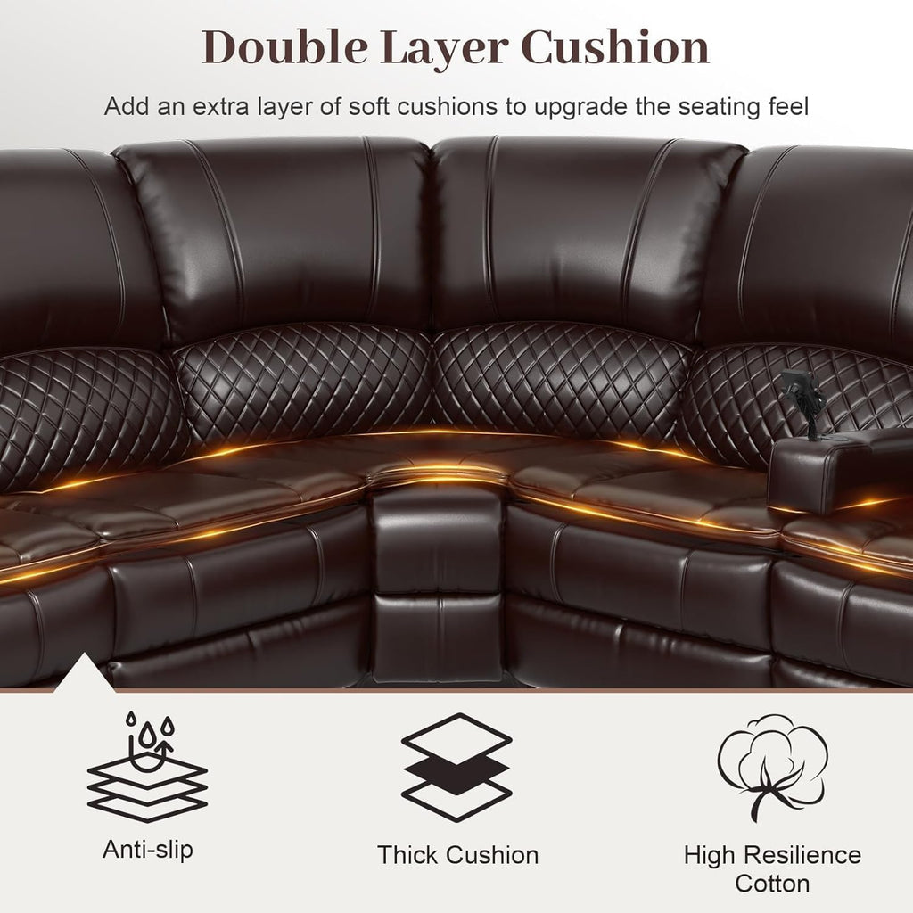 Yolsali Home Theater Seating Reclining Sectional Sofa, 5 Seats Soft Leather Recliner Corner Sectional Couch, Recliner Couch with USB Charging, Thickened Padding, Sturdy Frame, Brown