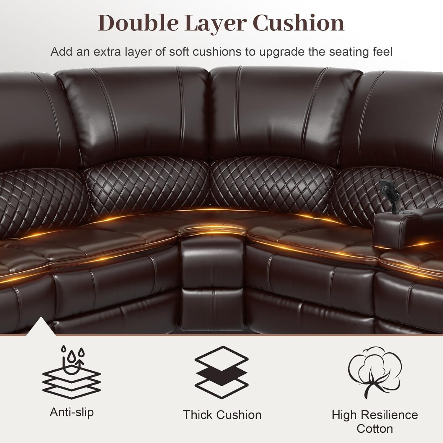 Yolsali Home Theater Seating Reclining Sectional Sofa, 5 Seats Soft Leather Recliner Corner Sectional Couch, Recliner Couch with USB Charging, Thickened Padding, Sturdy Frame, Brown