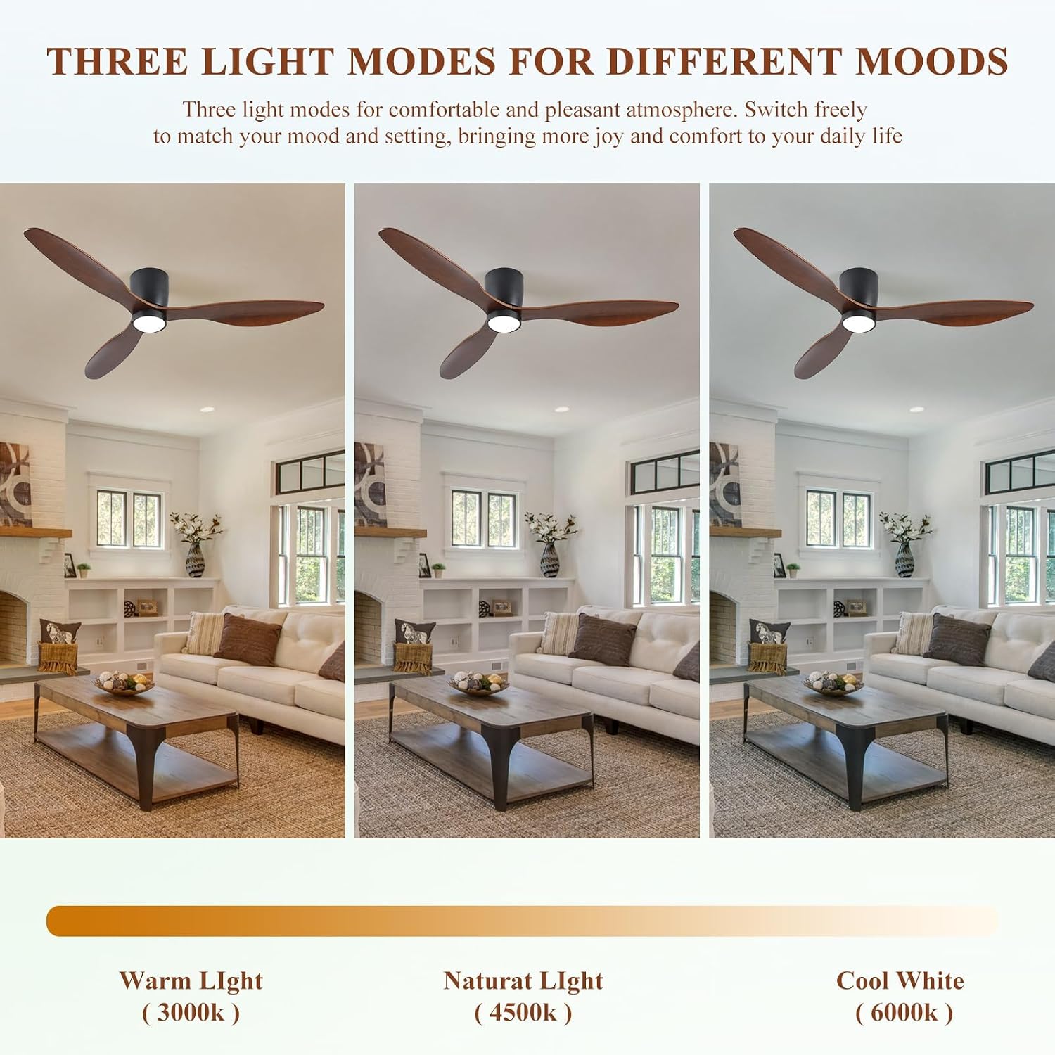 52 Inch Low Profile Ceiling Fan with Lights, Flush Mount Ceiling Fan, 3 Wood Blades, Noiseless DC Motor - Timer Function, 6 Adjustable Wind Speeds, for Patios, Bedrooms, Living Rooms(Walnut Wood)