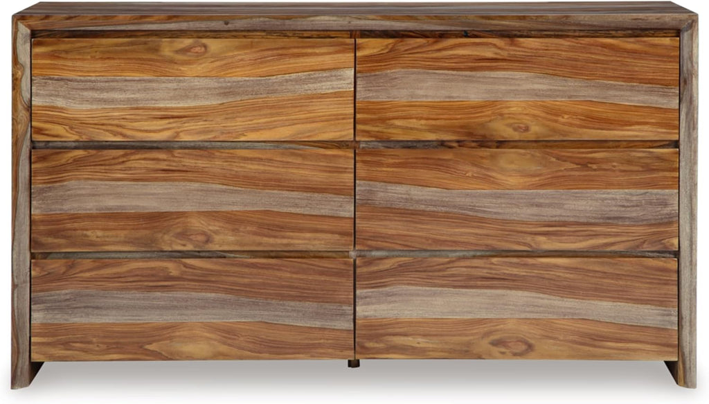 Signature Design by Ashley Dressonni Farmhouse 6-Drawer Dresser with Beveled Edge and Felt Lining, Light Brown